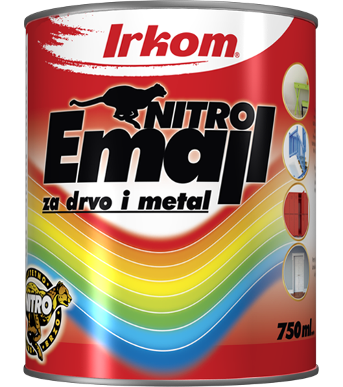 IRKOM NITRO EMAJL lak je univerzalni završni premaz za dekoraciju i zaštitu metalnih i drvenih površina u enterijeru i površina koje nisu direktno izložene atmosferskim uticajima u eksterijeru. Proizvod je na bazi nitroceluloze, smola i odabranih pigmenata. Koristi se u metalnoj i drvnoj industriji kao i u širokoj potrošnji. 